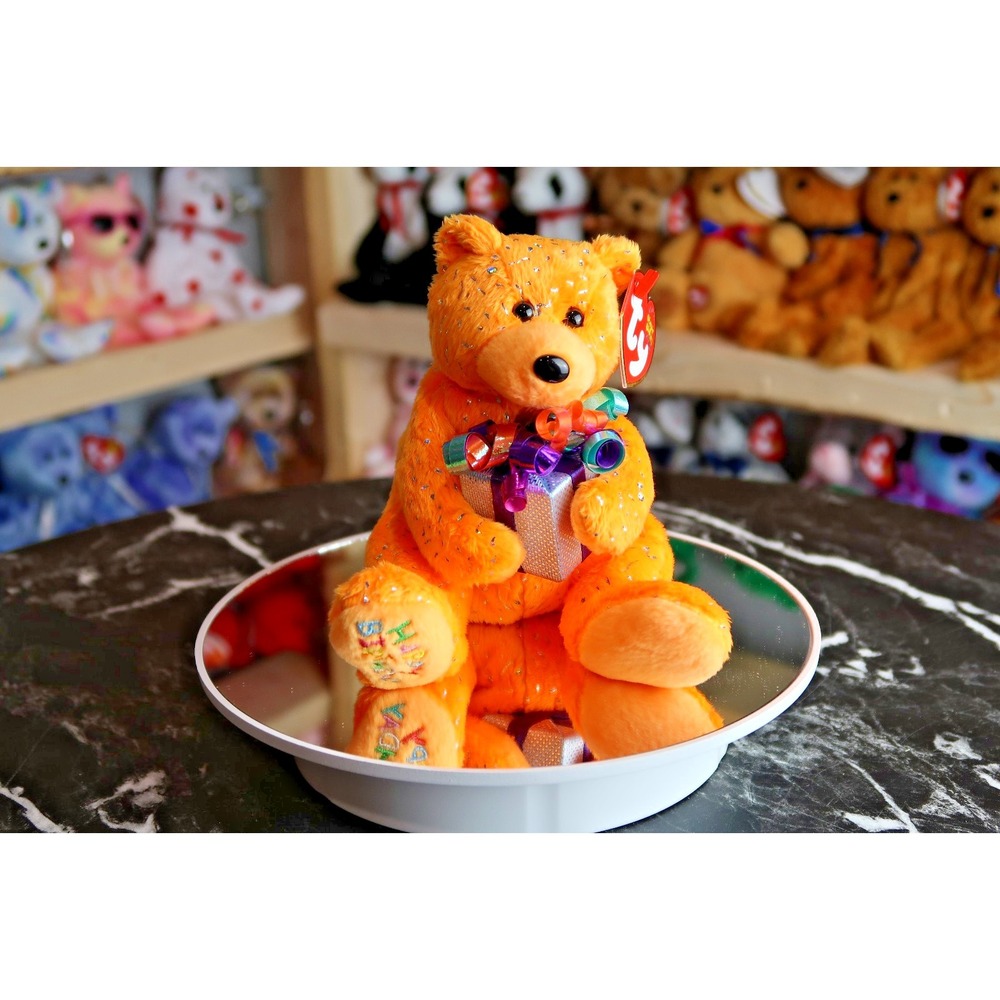 TY Beanie Baby - Happy Birthday Bear Holding Present (Orange) | MWMT | Vintage